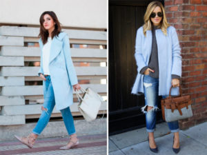 Модный образ с голубым пальто для прогулки