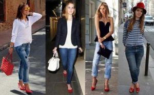 красные туфли с разными моделями джинсов