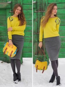 девушка в желтом свитере и юбке карандаш