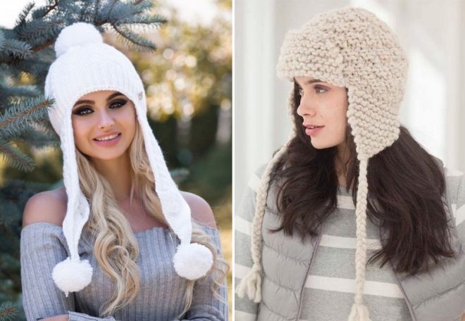 10 моделей женских вязаных шапок ушанок на спицах