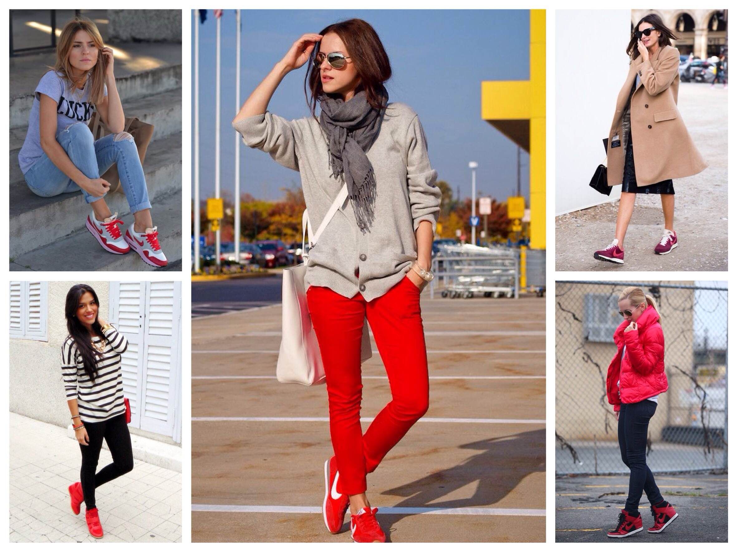 С чем носить красные женские кроссовки? Примеры одежды к женским красным кроссовкам с разного цвета подошвами. Топ 5 образов.