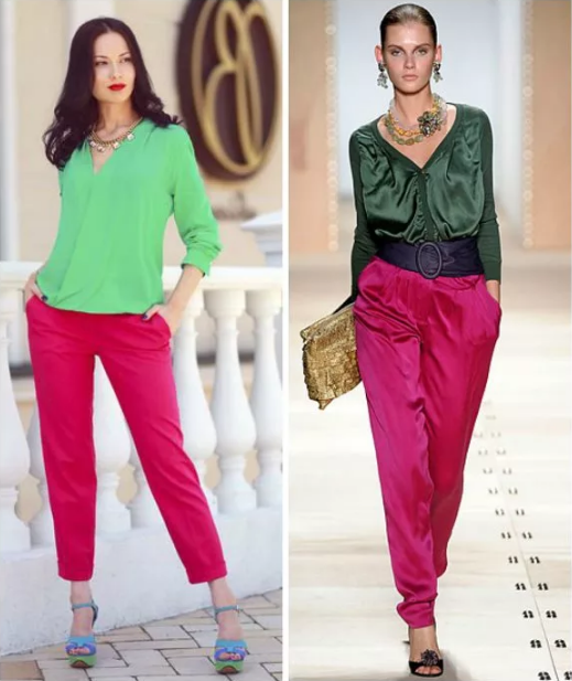 Сочетание зелёного и розового цвета в одежде: лучшие образы