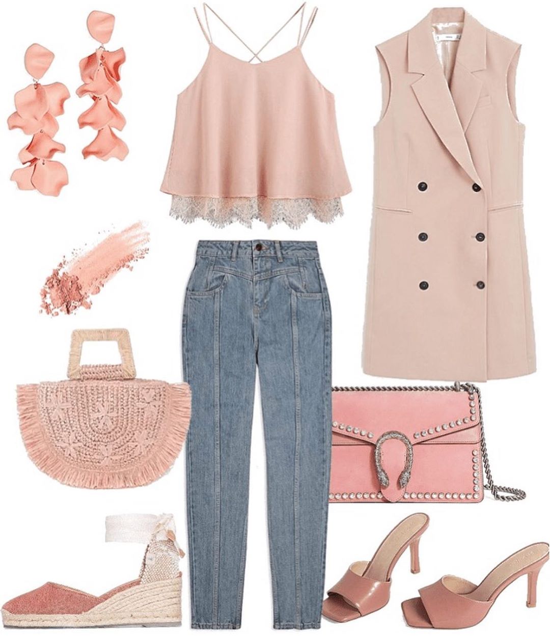 Лук в пастельно-розовом цвете с джинсами